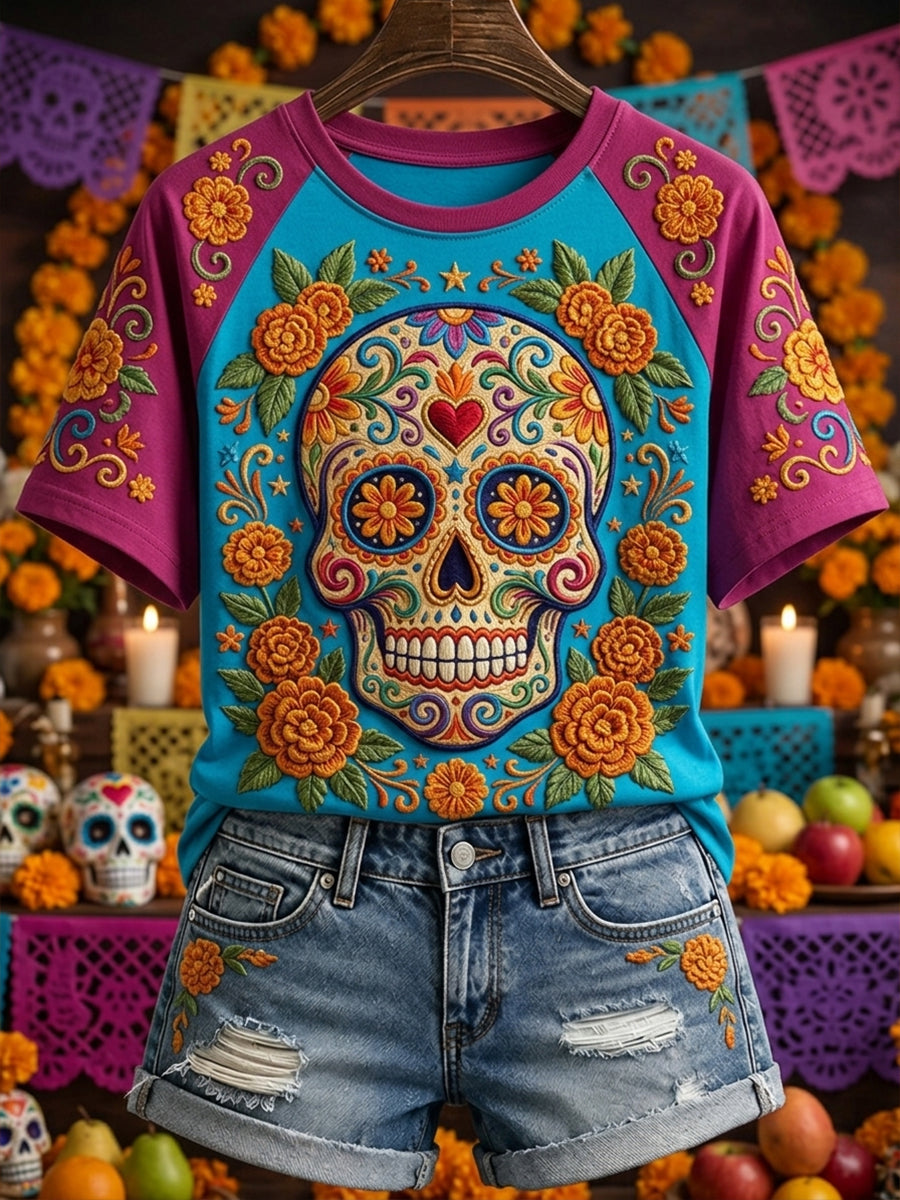 Camiseta de manga corta con estampado floral mexicano de calavera de azúcar del Día de Muertos para mujer