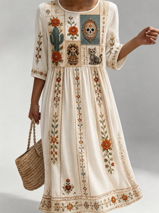 Vestido de algodón y lino del Día de Muertos para mujer