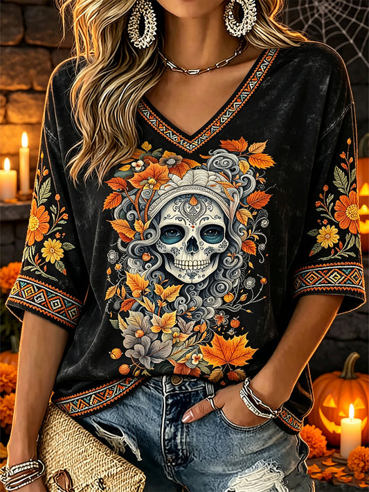 Día de las mujeres de la planta muerta y patrón de flores impreso casual mediados de longitud mangas con cuello en V camiseta
