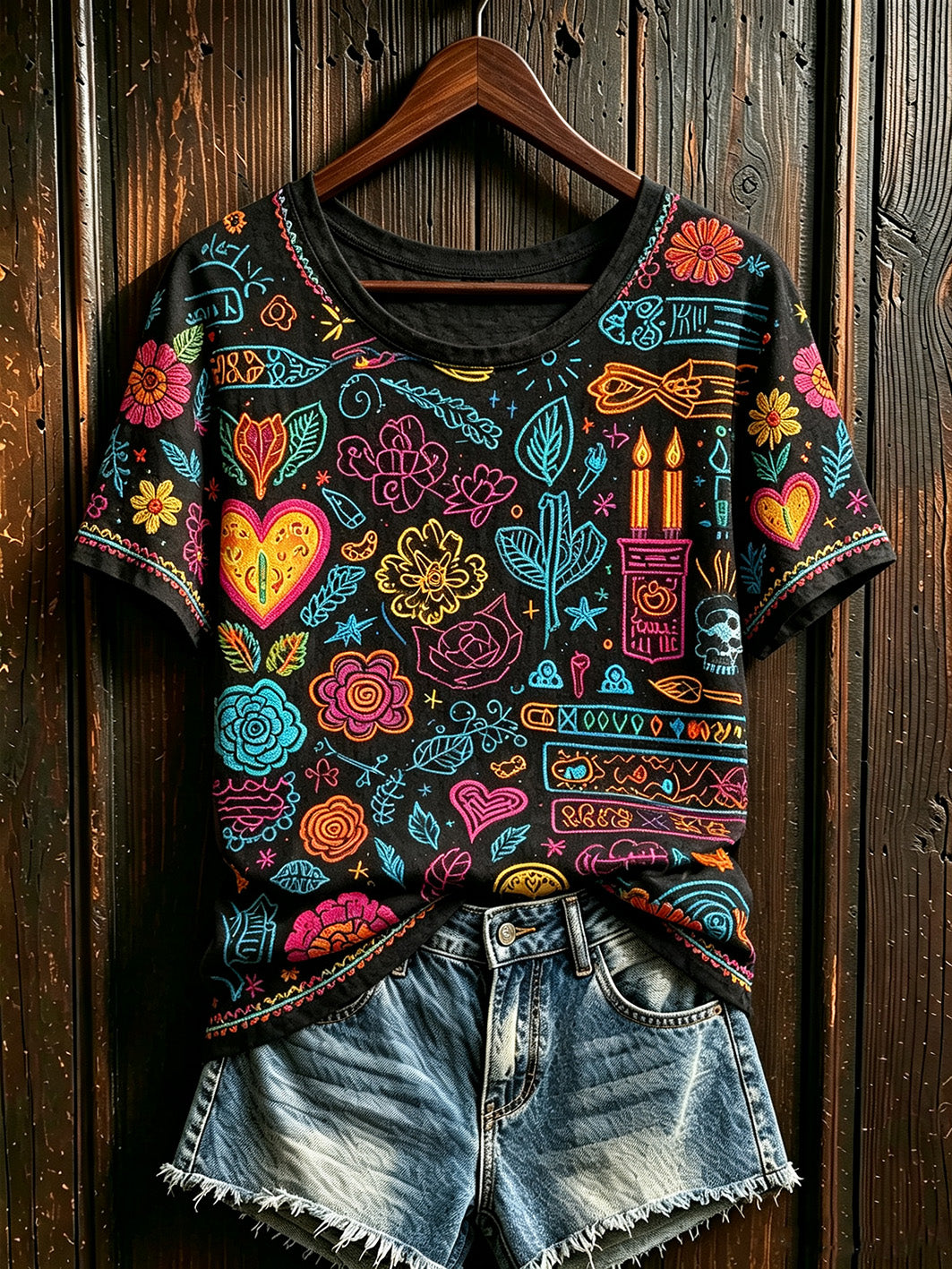Camiseta casual de manga corta con estampado de plantas y flores del Día de Muertos para mujer
