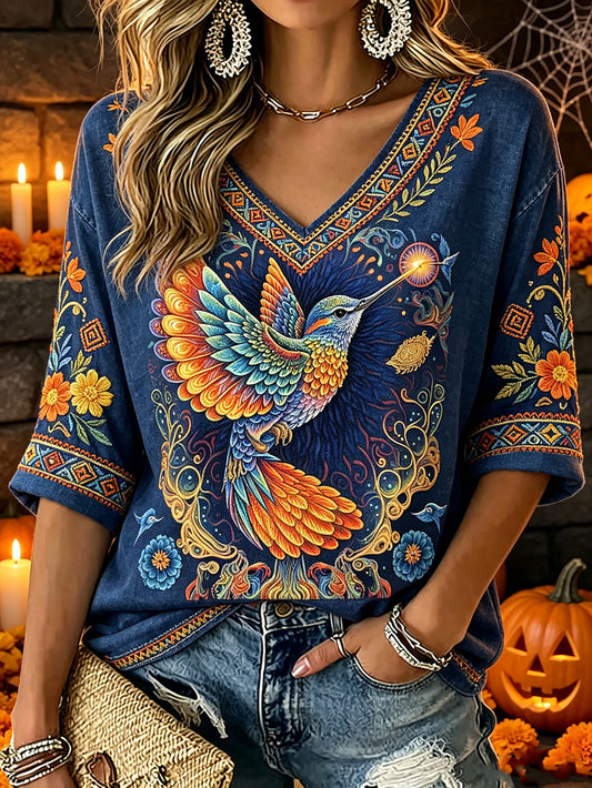 Camiseta casual de manga media y cuello en V para el Día de Muertos, estampada con motivos de plantas y flores para mujer
