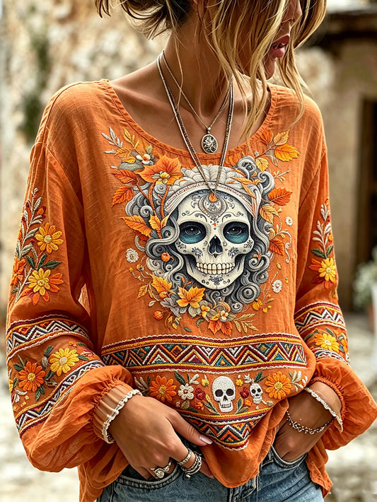 Camisa casual de algodón-lino estampada con motivos de plantas y flores del Día de Muertos para mujer