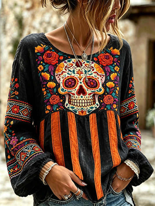 Día de la mujer de la planta muerta y el patrón de flores impreso camisa casual de lino de algodón