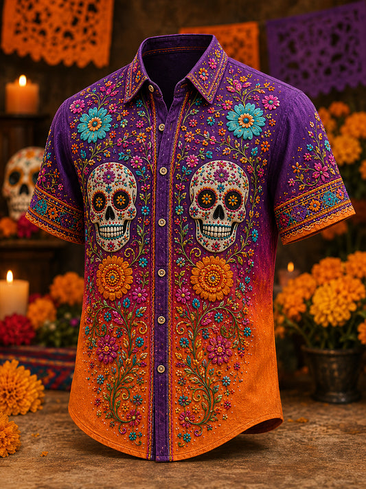 Camisa casual de Día de Muertos mexicano para hombre, de manga corta