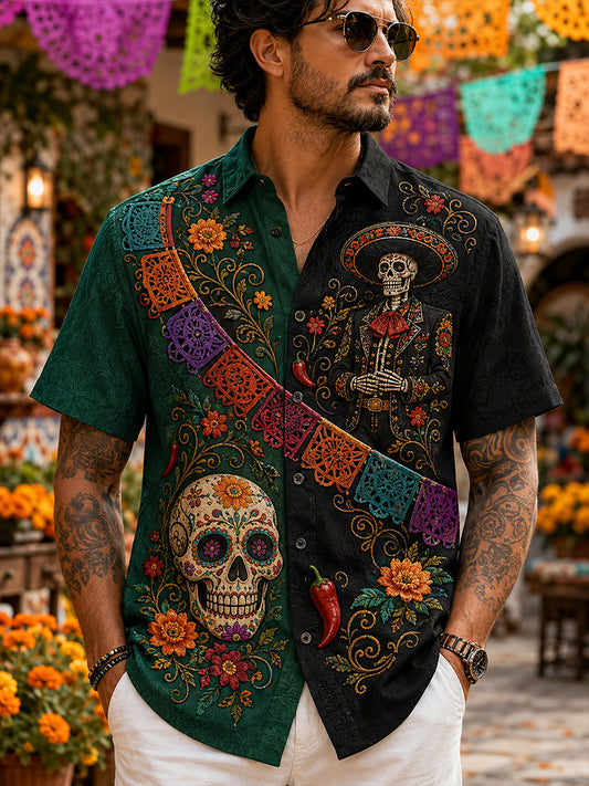 Camisa casual de Día de Muertos mexicano para hombre, de manga corta