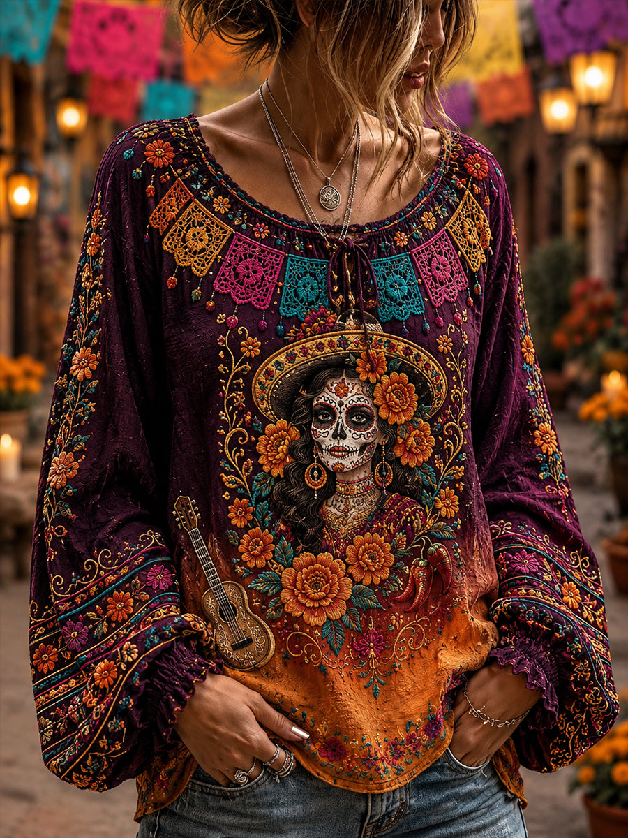 Camisa de algodón y lino para el Día de Muertos de México, estilo femenino