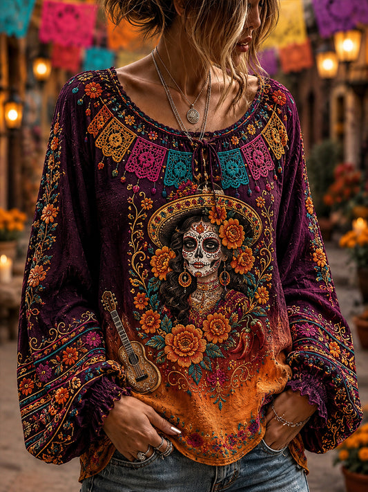 Camisa de algodón y lino para el Día de Muertos de México, estilo femenino