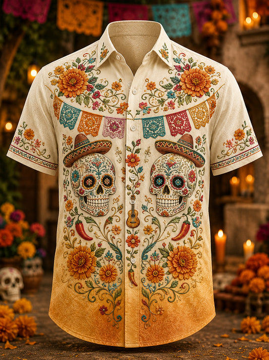 Camisa casual de Día de Muertos mexicano para hombre, de manga corta