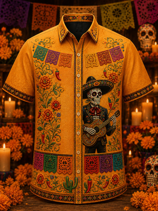 Camisa casual de Día de Muertos mexicano para hombre, de manga corta