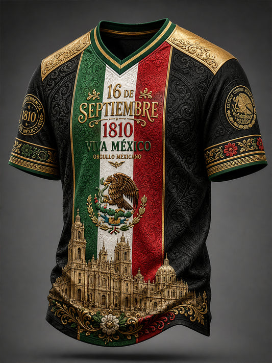 Camiseta de cuello en V para el Día de la Independencia de México, estilo masculino
