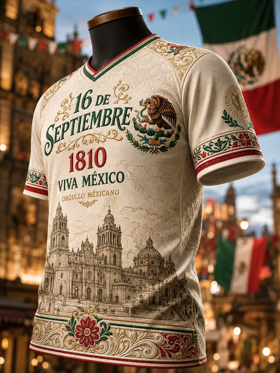 Camiseta de cuello en V para el Día de la Independencia de México, estilo masculino