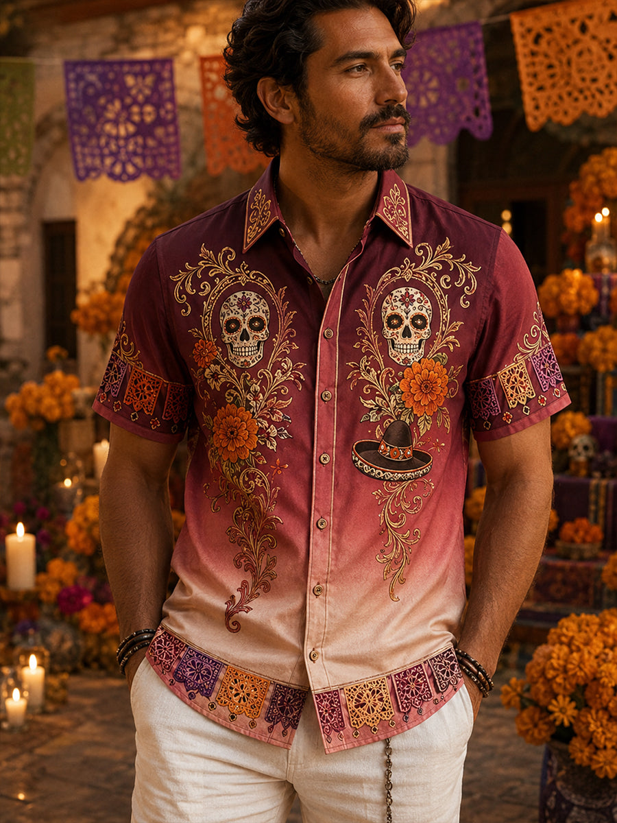 Camisa casual de Día de Muertos mexicano para hombre, de manga corta