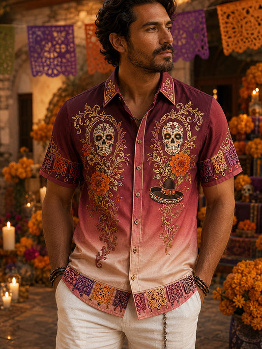 Camisa casual de Día de Muertos mexicano para hombre, de manga corta