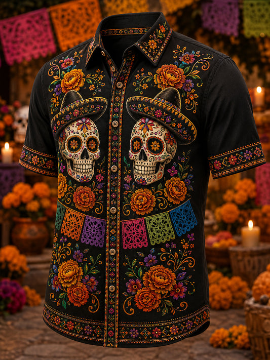 Camisa casual de Día de Muertos mexicano para hombre, de manga corta