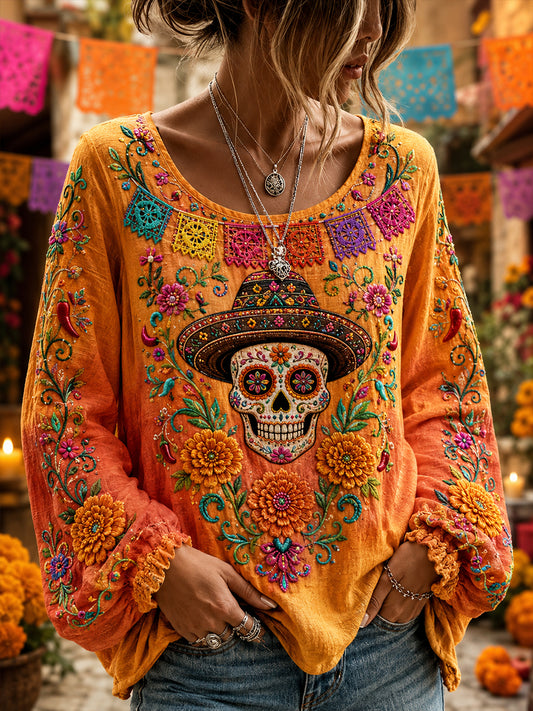 Camisa de lino de algodón del Día de Muertos de México para mujer