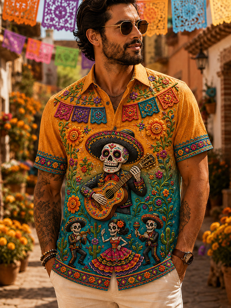 Camisa casual de Día de Muertos mexicano para hombre, de manga corta