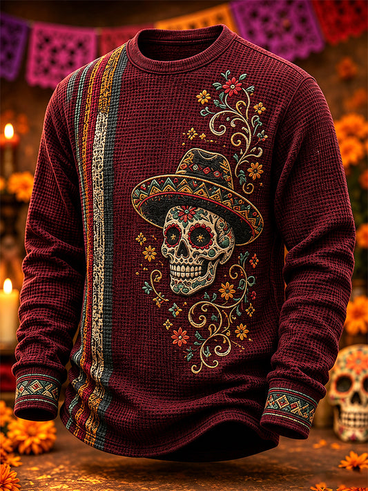 Sudadera casual de gofre con estampado artístico del Día de los Muertos mexicano para hombre