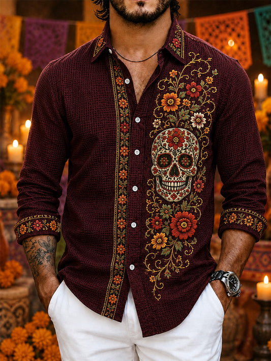 Hombres México Día de los muertos arte impresión casual waffle camisa