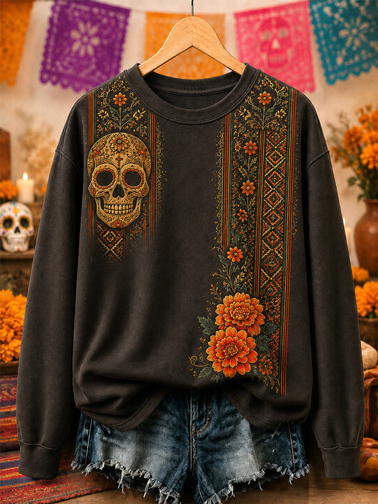 Sudadera casual con estampado artístico del Día de los Muertos mexicano para mujer