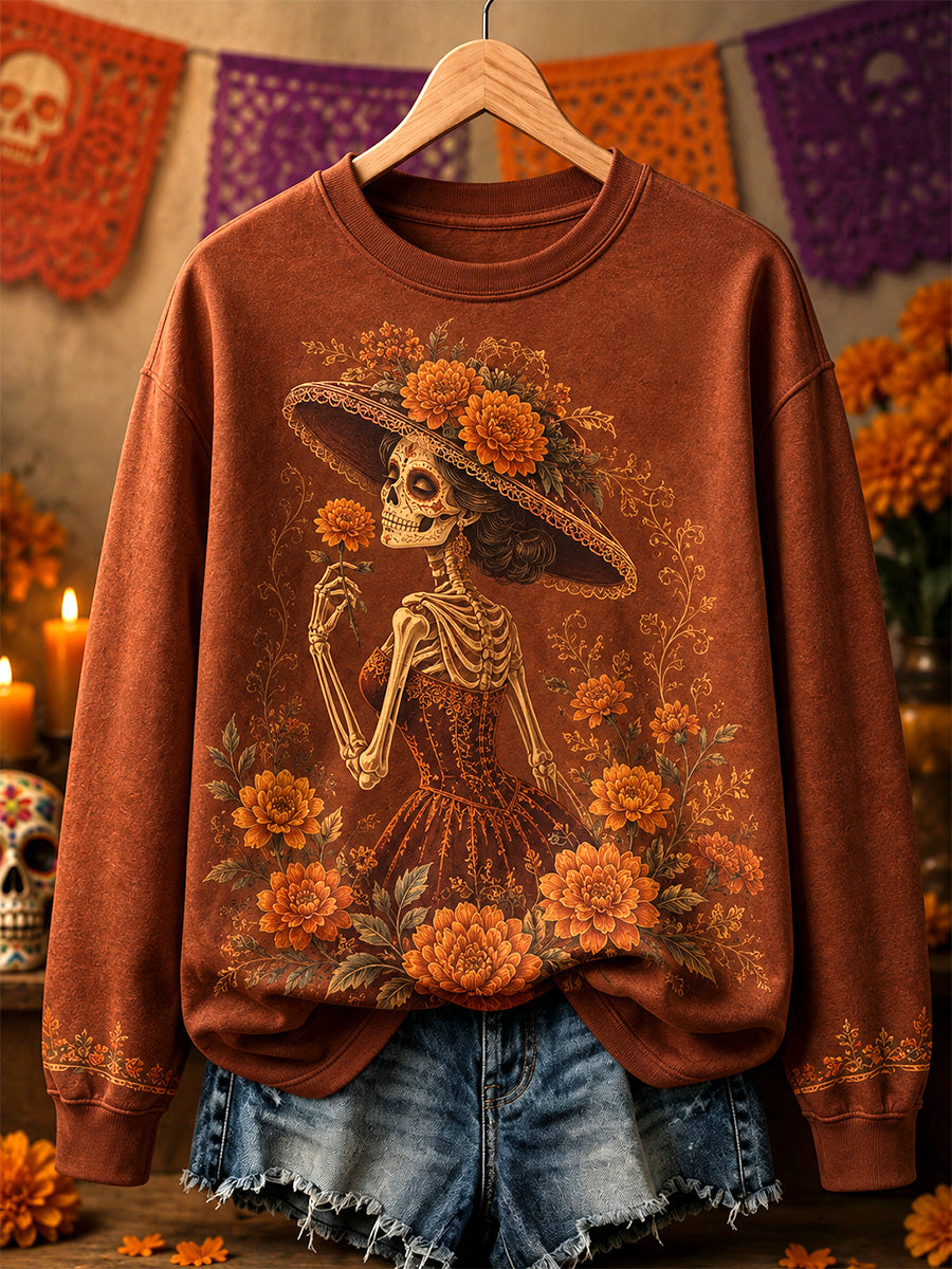 Sudadera casual con estampado artístico del Día de los Muertos mexicano para mujer
