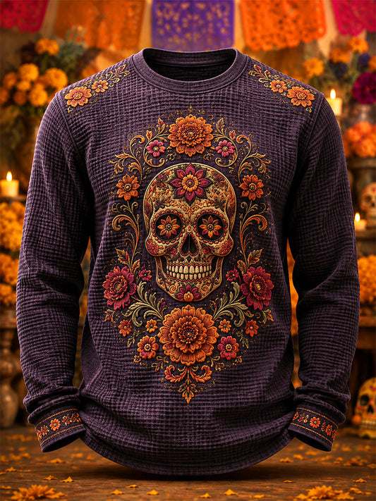 Sudadera casual de gofre con estampado artístico del Día de los Muertos mexicano para hombre
