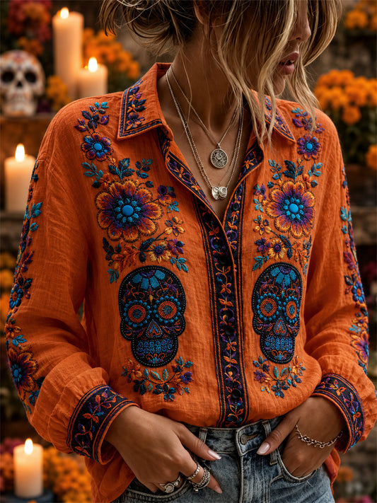 Camisa de lino con estampado floral mexicano de calaveras de azúcar y flor de muerto para el Día de la Mujer