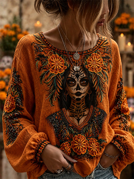 Día de las mujeres de los muertos calavera de azúcar caléndulas mexicano estampado floral algodón-camisa de lino