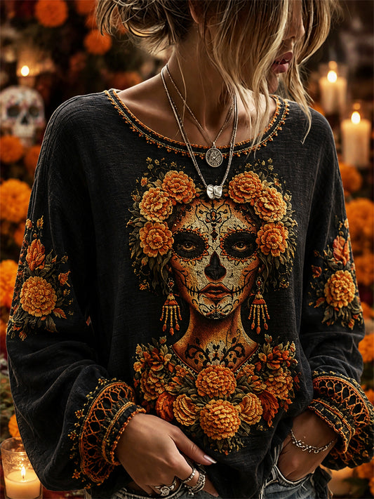 Camisa de algodón-lino con estampado floral mexicano de calaveras de azúcar y flor de muerto para el Día de la Mujer