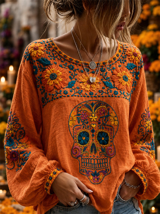 Camisa de algodón-lino con estampado floral mexicano de calaveras de azúcar y flor de muerto para el Día de la Mujer