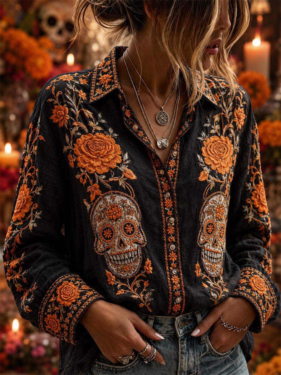 Camisa de lino con estampado floral mexicano de calaveras de azúcar y flor de muerto para el Día de la Mujer