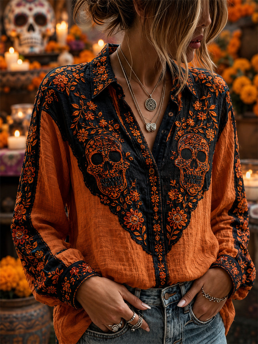 Día de la mujer de los muertos azúcar cráneo caléndulas mexicana floral impresión camisa de lino