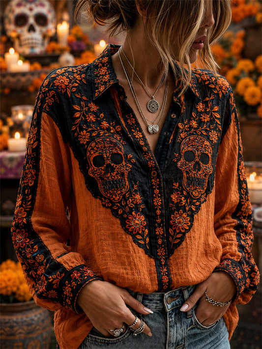 Día de la mujer de los muertos azúcar cráneo caléndulas mexicana floral impresión camisa de lino