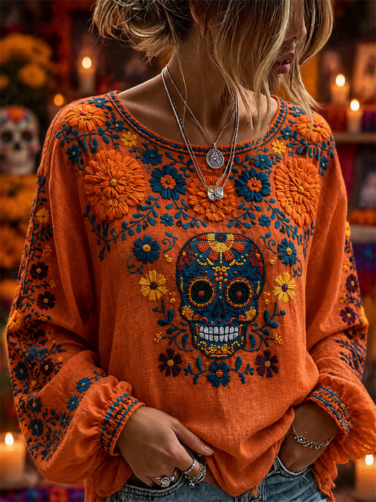 Camisa de algodón-lino con estampado floral mexicano de calaveras de azúcar y flor de muerto para el Día de la Mujer