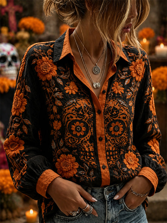 Camisa de lino con estampado floral mexicano de calaveras de azúcar y flor de muerto para el Día de la Mujer