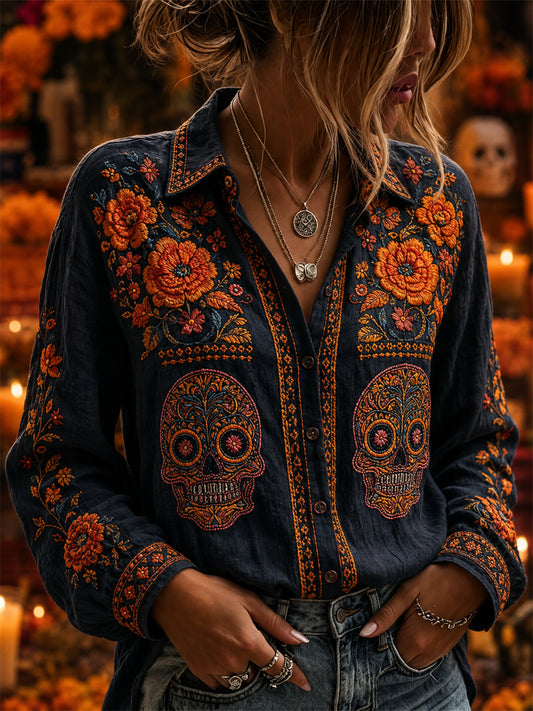 Camisa de lino con estampado floral mexicano de calaveras de azúcar y flor de muerto para el Día de la Mujer