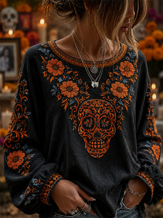 Camisa de algodón-lino con estampado floral mexicano de calaveras de azúcar y flor de muerto para el Día de la Mujer
