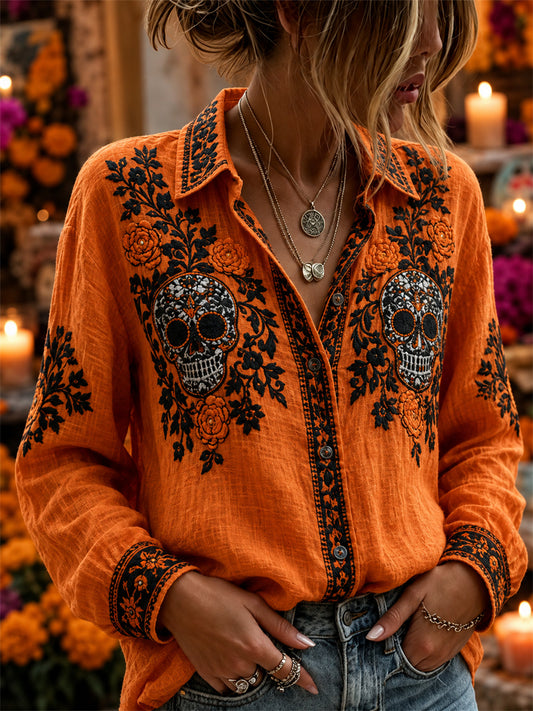 Camisa de lino con estampado floral mexicano de calaveras de azúcar y flor de muerto para el Día de la Mujer