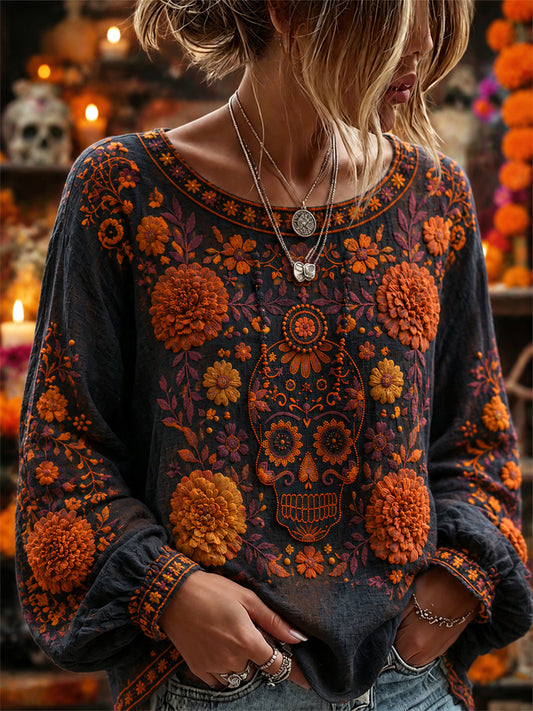 Camisa de algodón-lino con estampado floral mexicano de calaveras de azúcar y flor de muerto para el Día de la Mujer