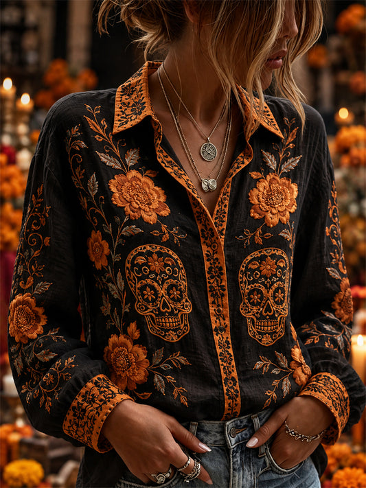 Camisa de lino con estampado floral mexicano de calaveras de azúcar y flor de muerto para el Día de la Mujer