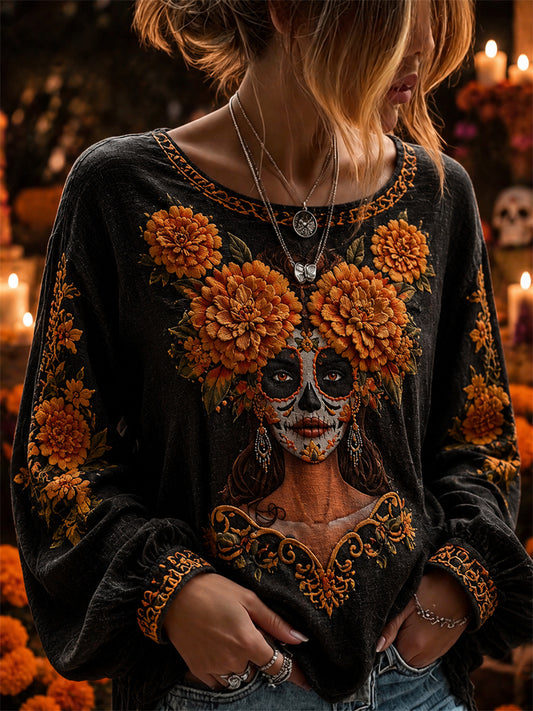 Camisa de algodón-lino con estampado floral mexicano de calaveras de azúcar y flor de muerto para el Día de la Mujer