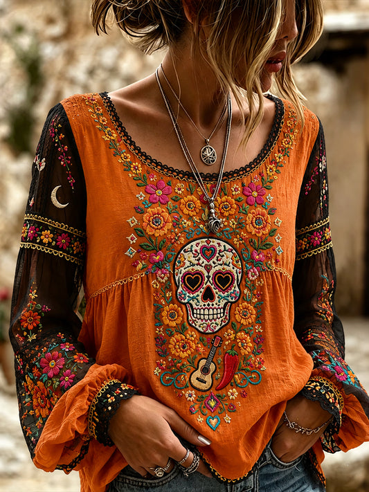 Camisa de algodón y lino para el Día de Muertos de México, estilo femenino