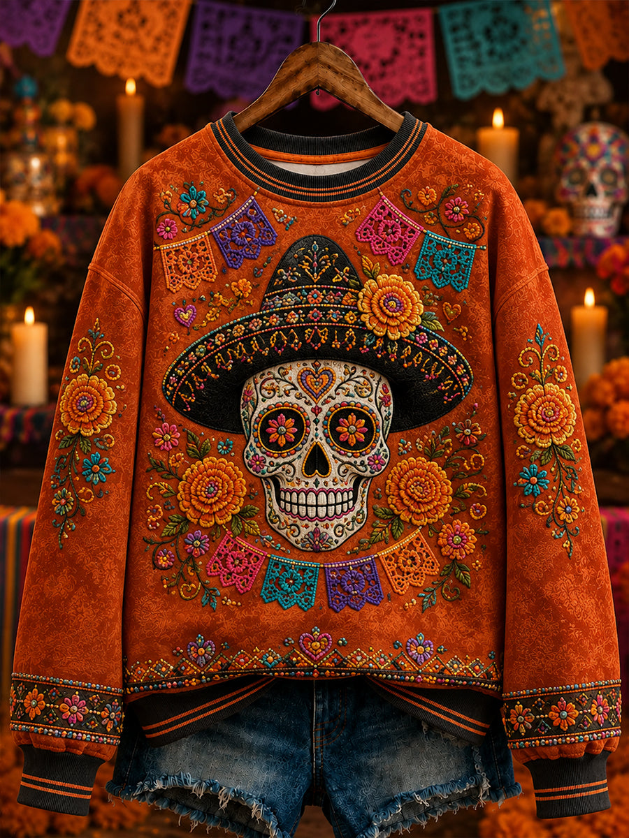 Camiseta de manga larga con cuello redondo para mujer del Día de los Muertos de México