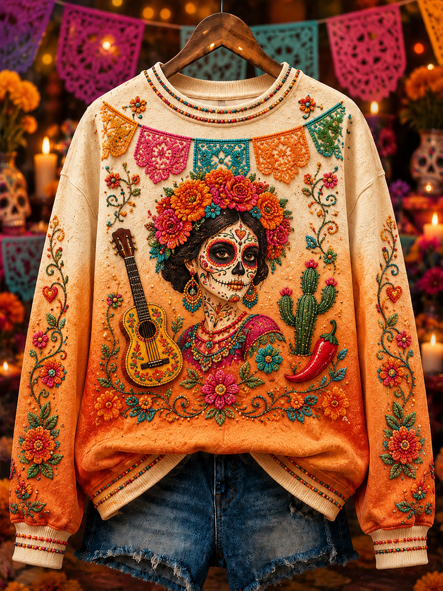 Camiseta de manga larga y cuello redondo para mujer, Día de Muertos de México