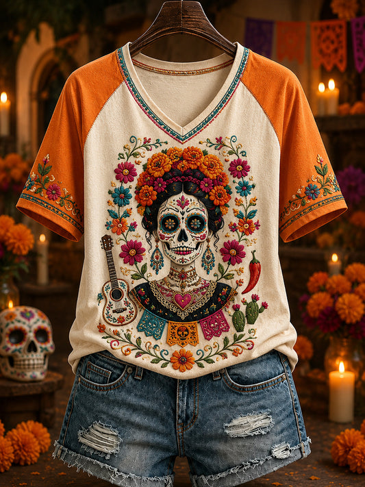 Camiseta de manga corta con cuello en V para mujer del día de los muertos de México