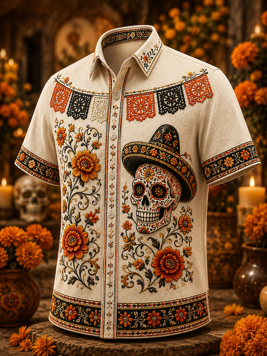 Camisa casual de Día de Muertos mexicano para hombre, de manga corta