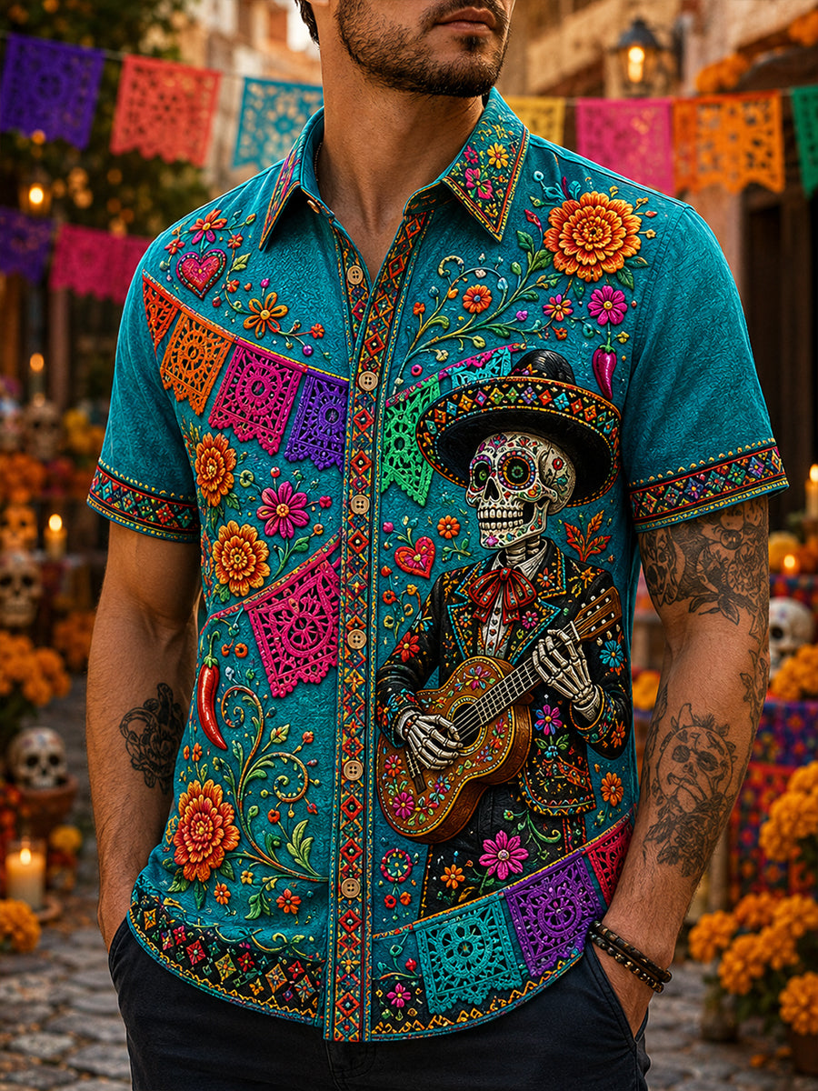Camisa casual de Día de Muertos mexicano para hombre, de manga corta