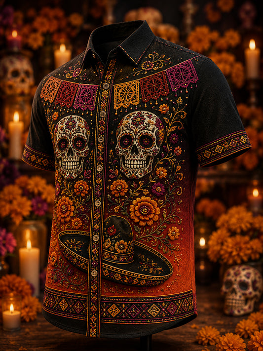 Camisa casual de Día de Muertos mexicano para hombre, de manga corta