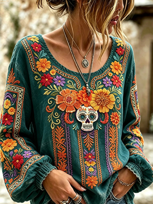 Camisa casual de algodón-lino con estampado del Día de Muertos para mujer