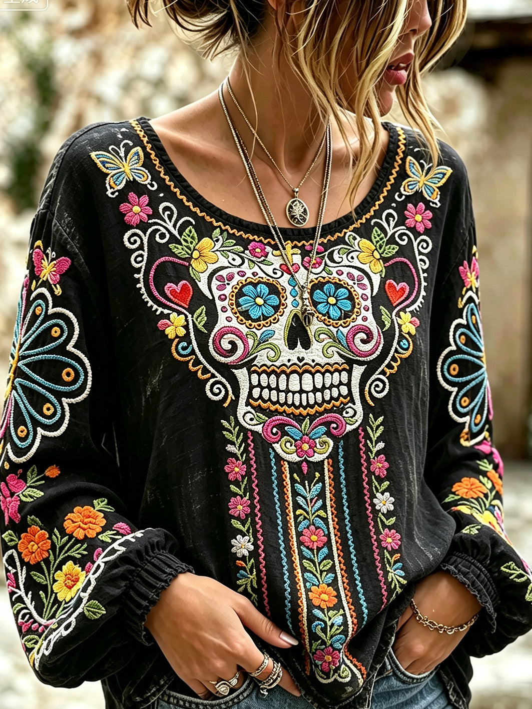 Camisa casual de algodón-lino con estampado del Día de Muertos para mujer