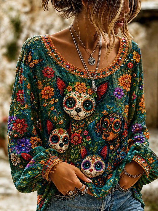 Camisa casual de algodón-lino con estampado del Día de Muertos para mujer